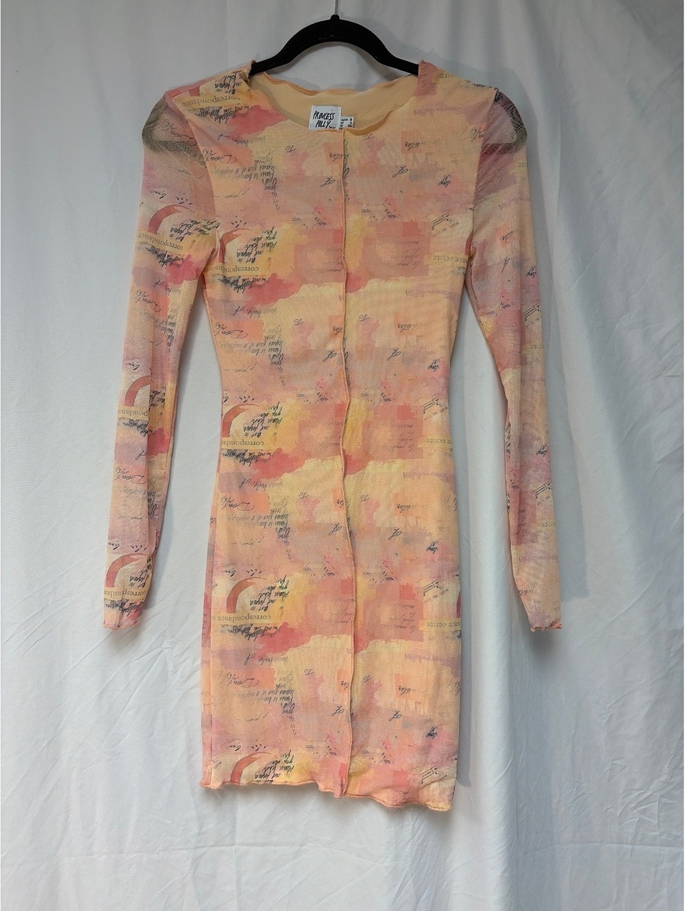 Princess Polly Long Sleeve Sheer Mesh Bodycon Dress in Pastel Print, Size US 4
